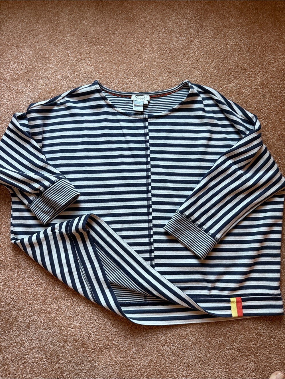 Tru Luxe Jeans Navy and White Striped dolman 3/5 Sleeve Tee. XL